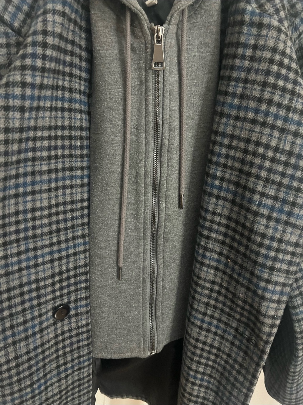 AVEC LES FILLES -Double Breasted  Plaid Wool Coat with Hooded Layer - Gray/Blue - Picture 4 of 6